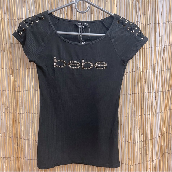 NWT Bebe Women’s Black T-shirt & Gold Rhinestone Logo Size Small - Picture 2 of 8